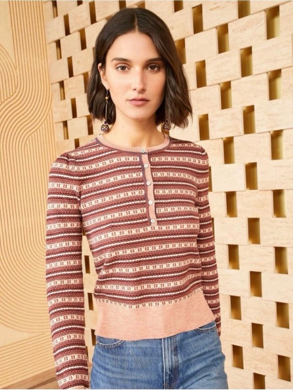 Ulla Johnson Robin Henley Sweater Top Merino Wool Blend Baked Clay Size Medium